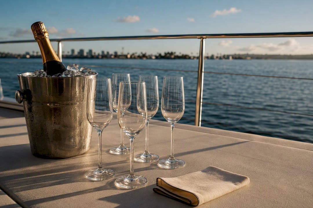Champagne glasses arranged on private charter deck