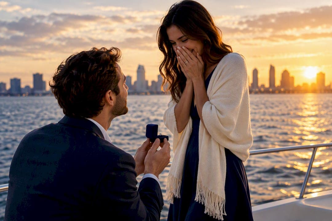 Couple celebrating proposal on San Diego Bay