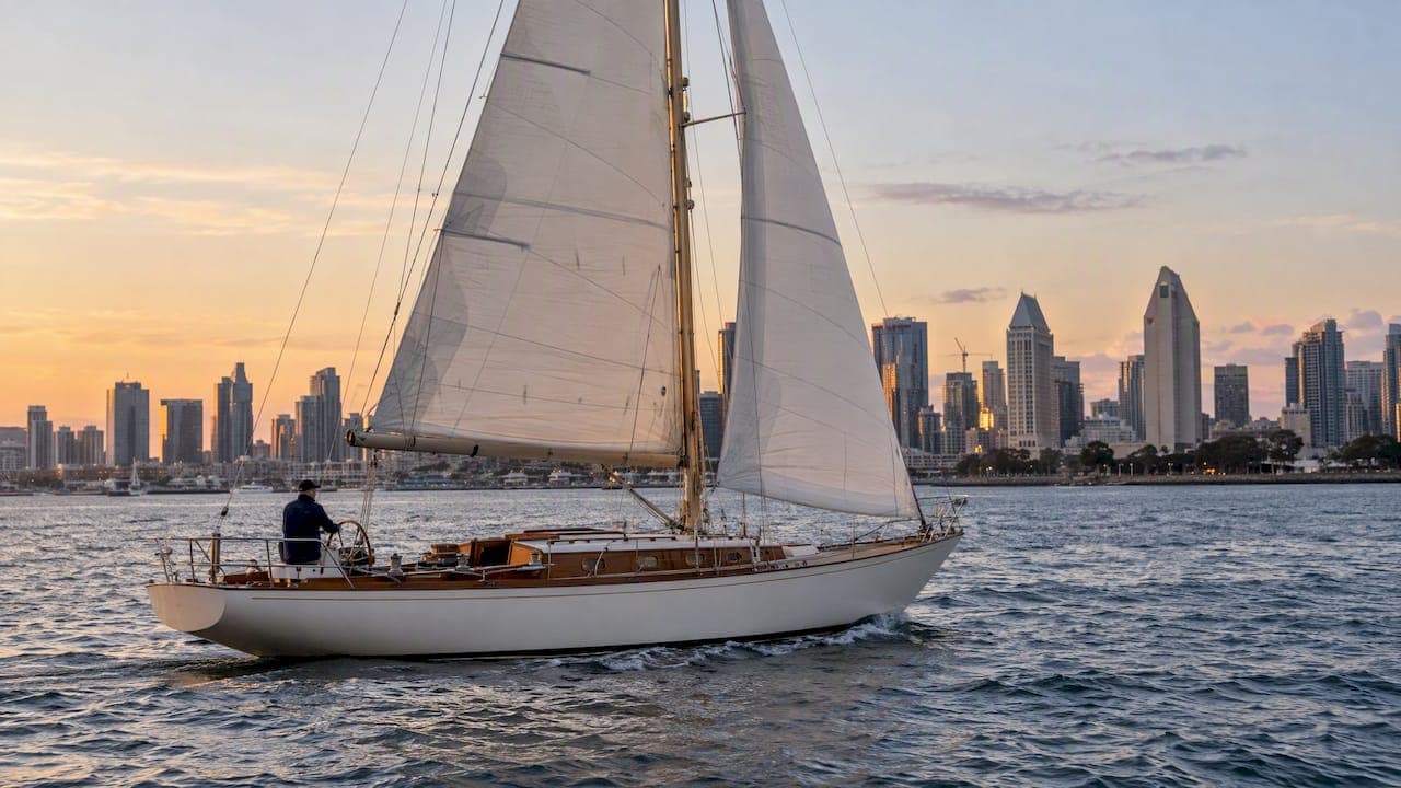 Mojave sailing across San Diego Bay at sunset